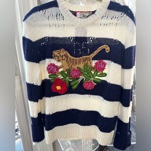New- Women’s Gucci Perforated GG Striped Cardigan with Tiger/floral embroidery
